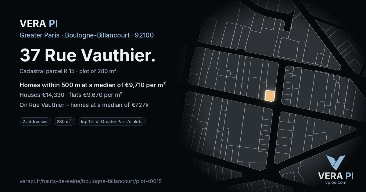 37 Rue Vauthier, Boulogne-Billancourt at night – the plot lit, the parcels around coloured by the prices near them