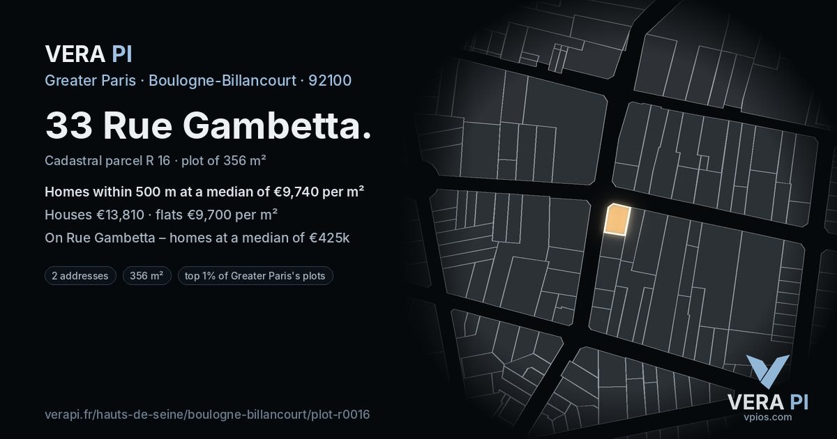 33 Rue Gambetta, Boulogne-Billancourt at night – the plot lit, the parcels around coloured by the prices near them