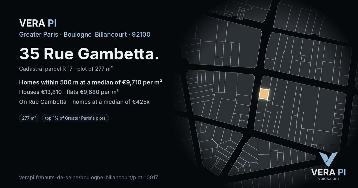 35 Rue Gambetta, Boulogne-Billancourt at night – the plot lit, the parcels around coloured by the prices near them