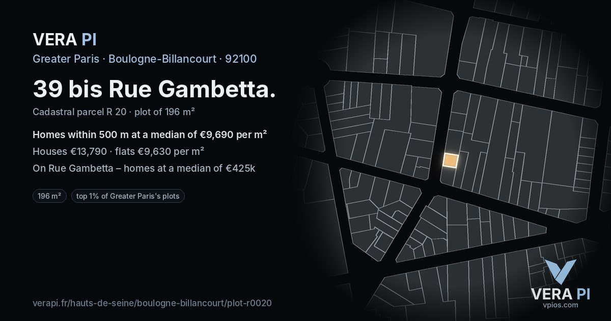 39 bis Rue Gambetta, Boulogne-Billancourt at night – the plot lit, the parcels around coloured by the prices near them