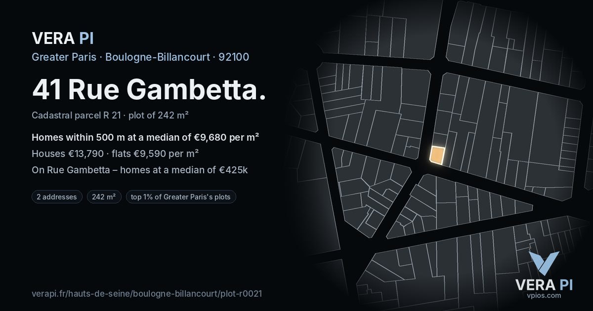 41 Rue Gambetta, Boulogne-Billancourt at night – the plot lit, the parcels around coloured by the prices near them