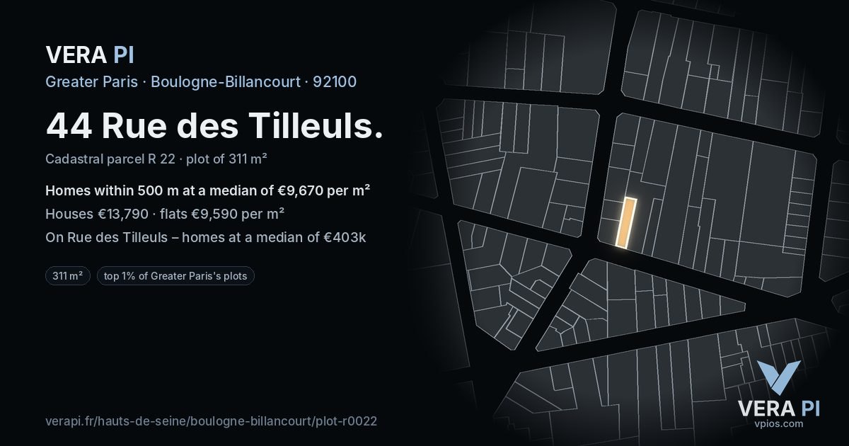 44 Rue des Tilleuls, Boulogne-Billancourt at night – the plot lit, the parcels around coloured by the prices near them