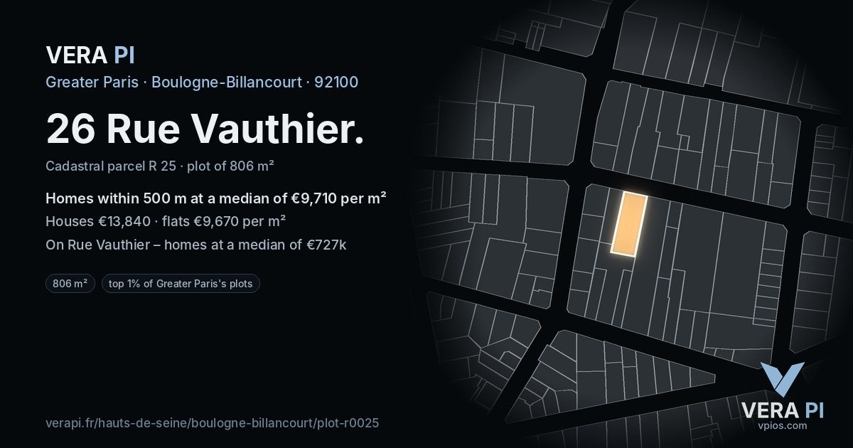 26 Rue Vauthier, Boulogne-Billancourt at night – the plot lit, the parcels around coloured by the prices near them