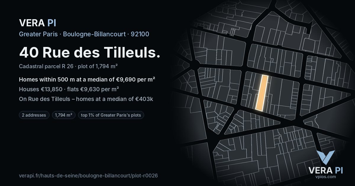 40 Rue des Tilleuls, Boulogne-Billancourt at night – the plot lit, the parcels around coloured by the prices near them
