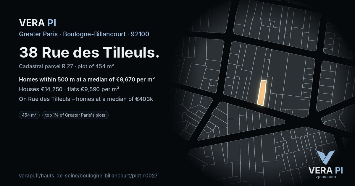 38 Rue des Tilleuls, Boulogne-Billancourt at night – the plot lit, the parcels around coloured by the prices near them