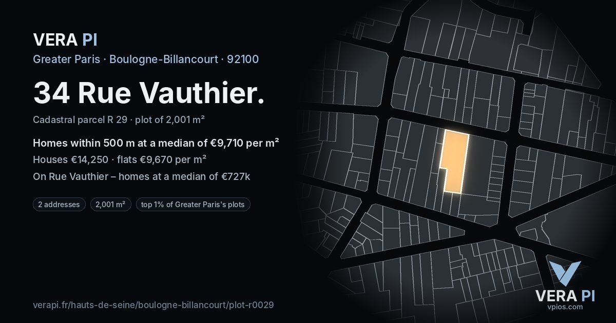 34 Rue Vauthier, Boulogne-Billancourt at night – the plot lit, the parcels around coloured by the prices near them