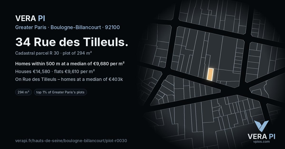 34 Rue des Tilleuls, Boulogne-Billancourt at night – the plot lit, the parcels around coloured by the prices near them