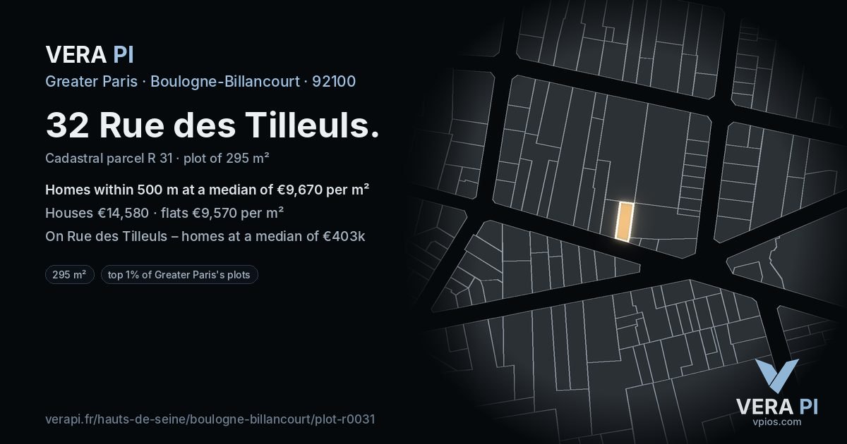 32 Rue des Tilleuls, Boulogne-Billancourt at night – the plot lit, the parcels around coloured by the prices near them