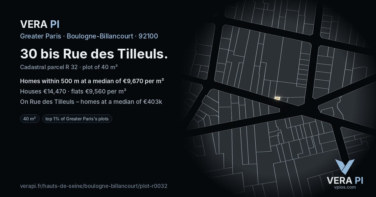 30 bis Rue des Tilleuls, Boulogne-Billancourt at night – the plot lit, the parcels around coloured by the prices near them