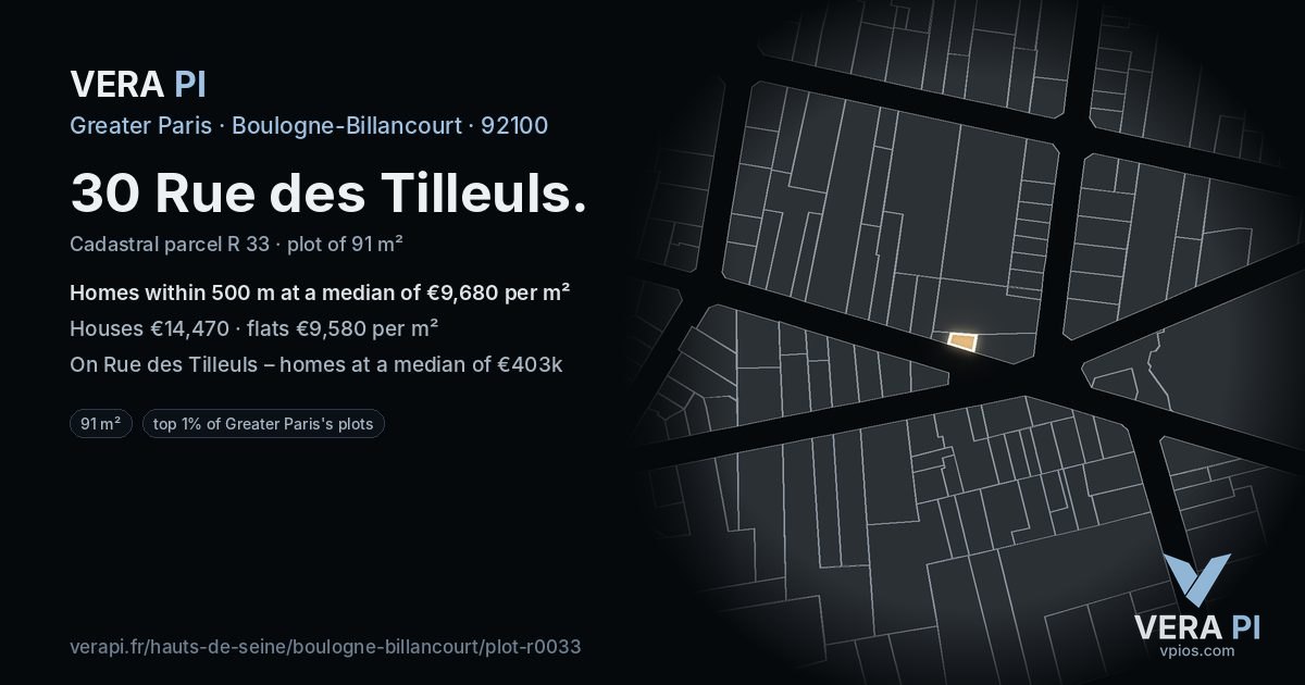 30 Rue des Tilleuls, Boulogne-Billancourt at night – the plot lit, the parcels around coloured by the prices near them