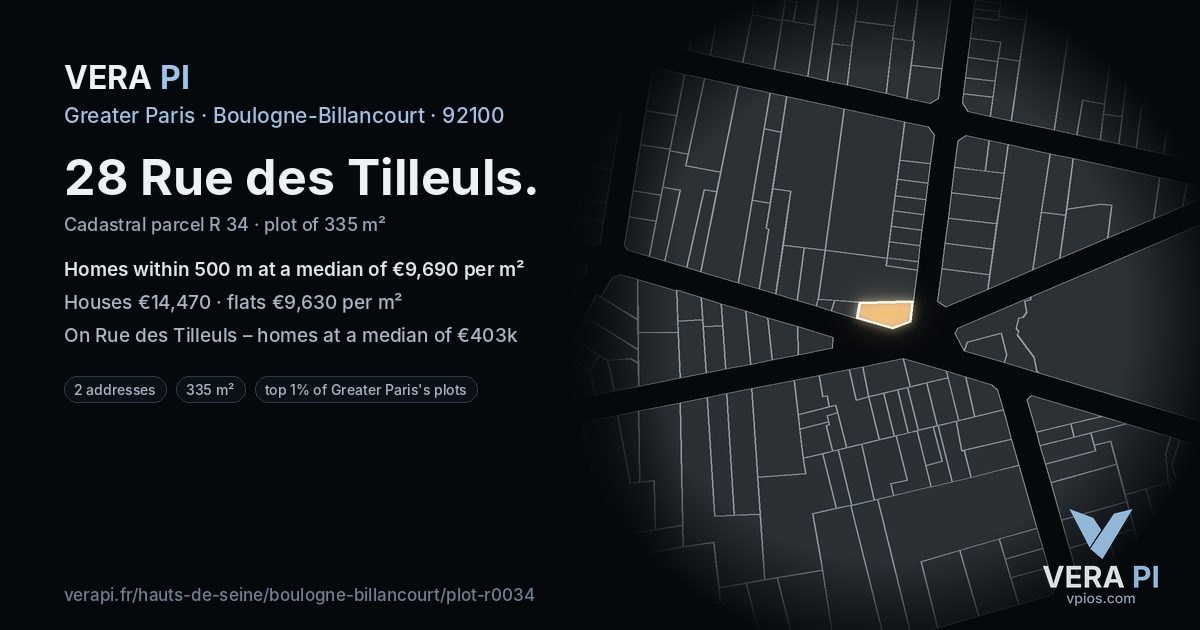 28 Rue des Tilleuls, Boulogne-Billancourt at night – the plot lit, the parcels around coloured by the prices near them
