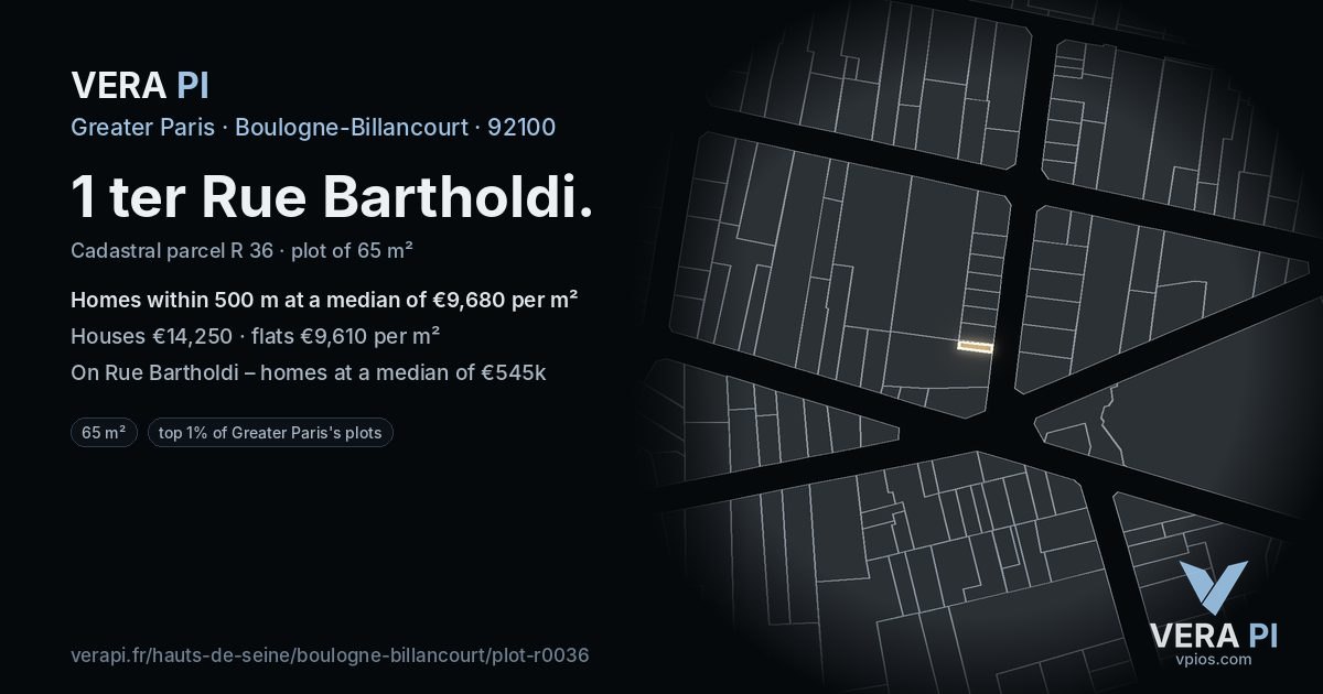 1 ter Rue Bartholdi, Boulogne-Billancourt at night – the plot lit, the parcels around coloured by the prices near them