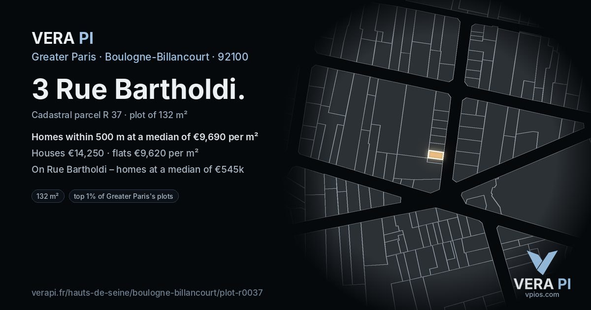 3 Rue Bartholdi, Boulogne-Billancourt at night – the plot lit, the parcels around coloured by the prices near them