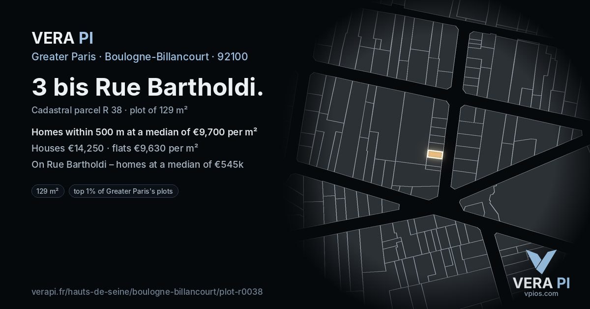 3 bis Rue Bartholdi, Boulogne-Billancourt at night – the plot lit, the parcels around coloured by the prices near them