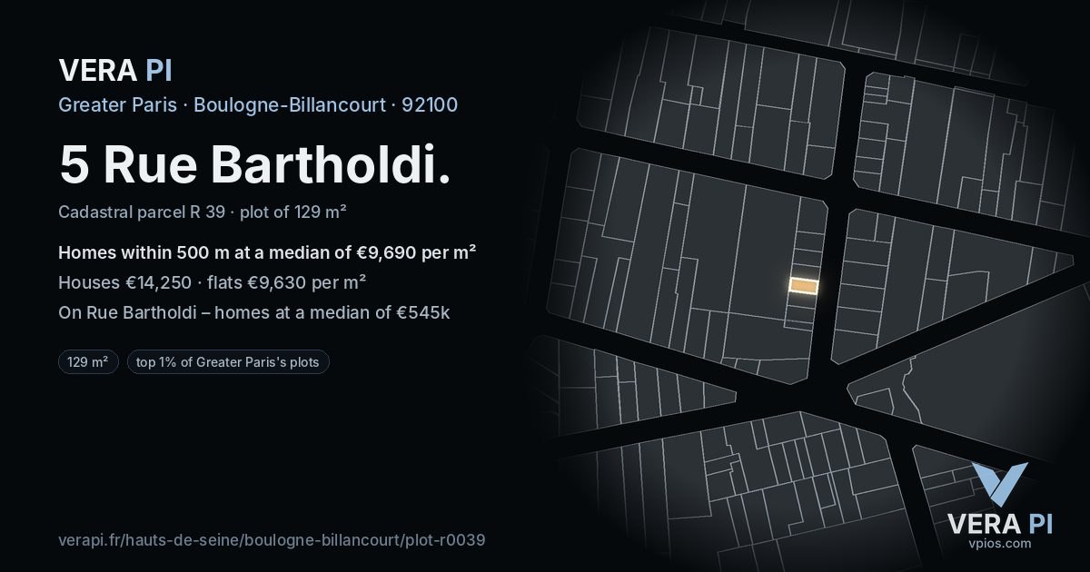 5 Rue Bartholdi, Boulogne-Billancourt at night – the plot lit, the parcels around coloured by the prices near them