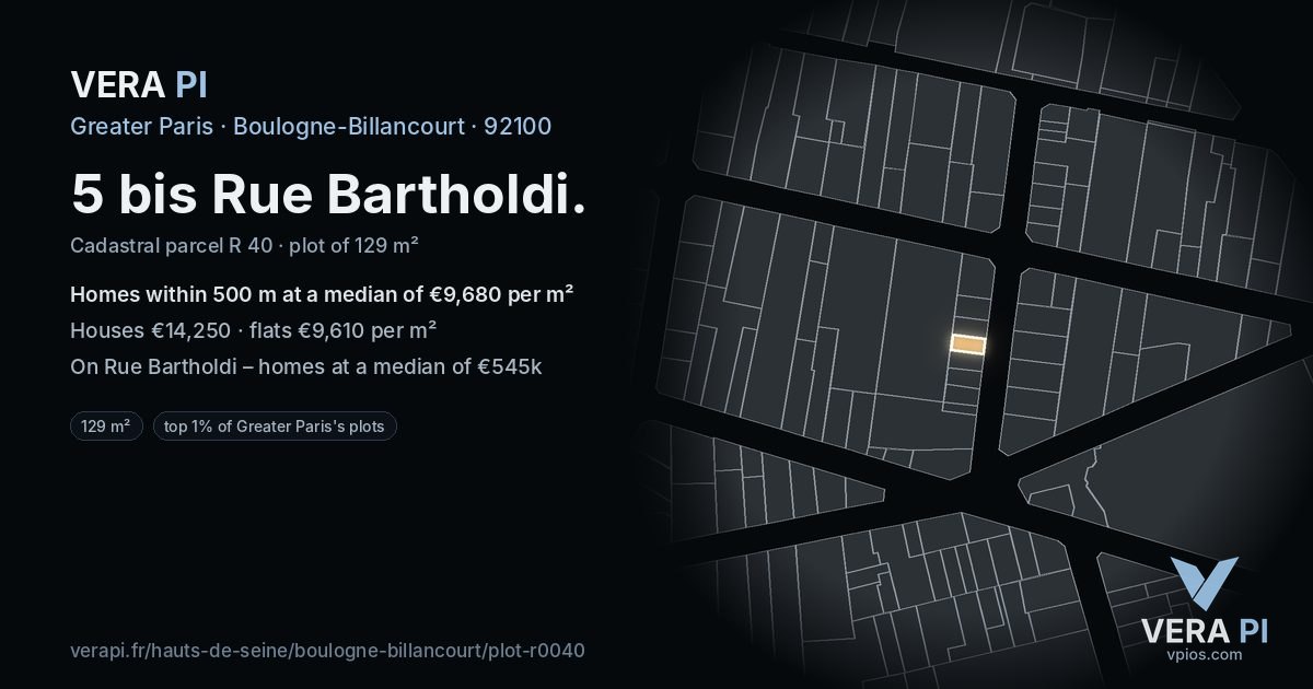 5 bis Rue Bartholdi, Boulogne-Billancourt at night – the plot lit, the parcels around coloured by the prices near them