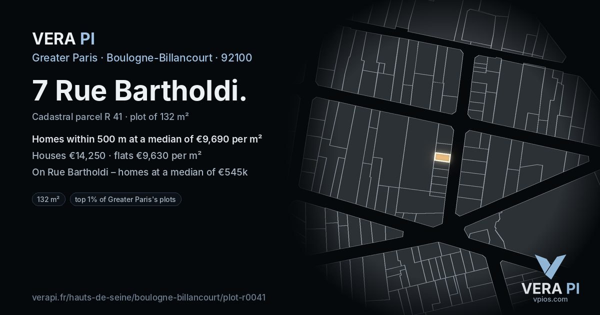 7 Rue Bartholdi, Boulogne-Billancourt at night – the plot lit, the parcels around coloured by the prices near them