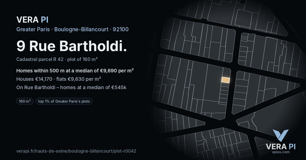 9 Rue Bartholdi, Boulogne-Billancourt at night – the plot lit, the parcels around coloured by the prices near them