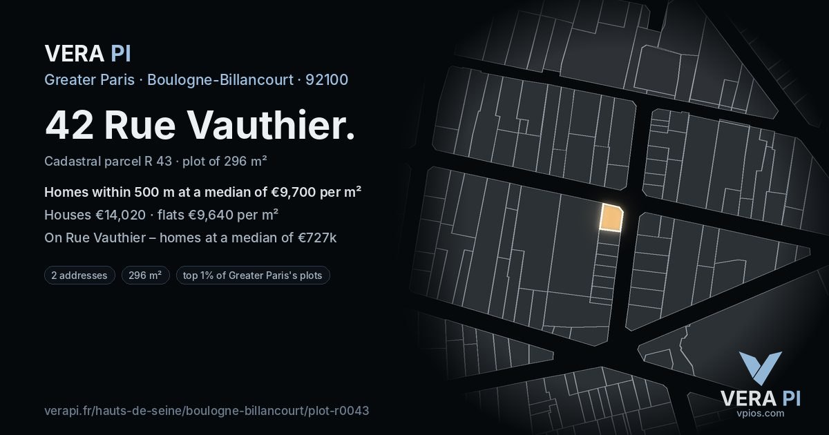 42 Rue Vauthier, Boulogne-Billancourt at night – the plot lit, the parcels around coloured by the prices near them