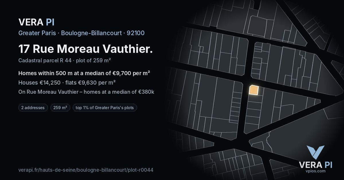 17 Rue Moreau Vauthier, Boulogne-Billancourt at night – the plot lit, the parcels around coloured by the prices near them