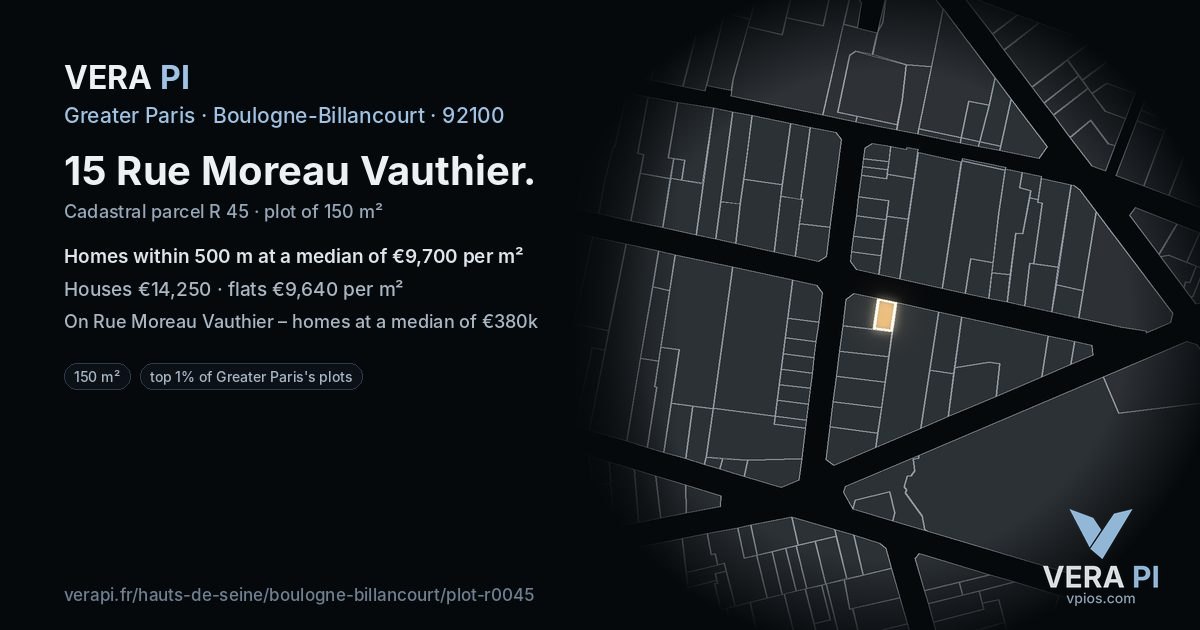 15 Rue Moreau Vauthier, Boulogne-Billancourt at night – the plot lit, the parcels around coloured by the prices near them