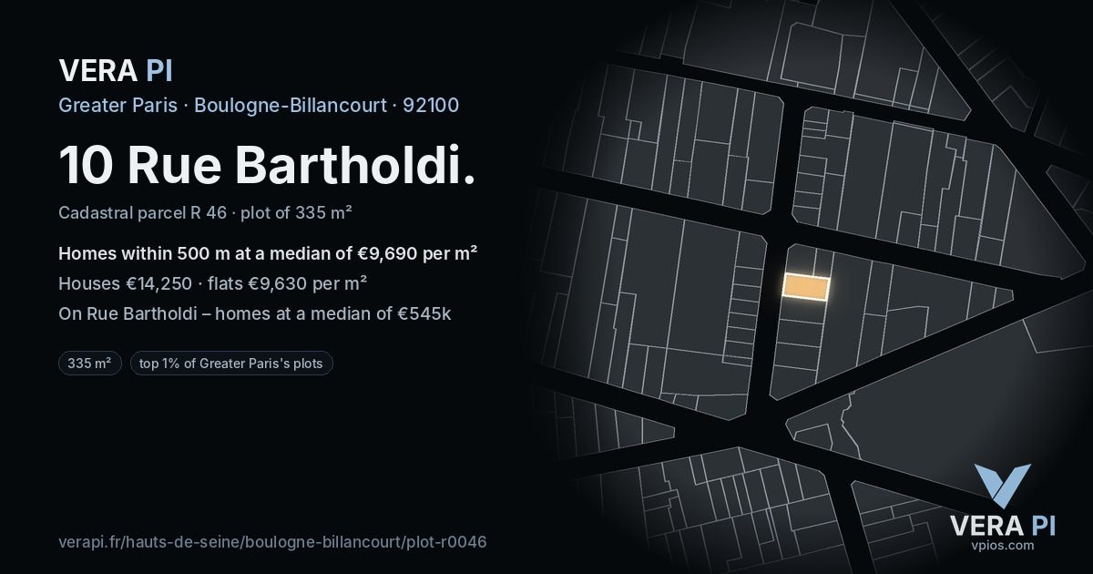 10 Rue Bartholdi, Boulogne-Billancourt at night – the plot lit, the parcels around coloured by the prices near them