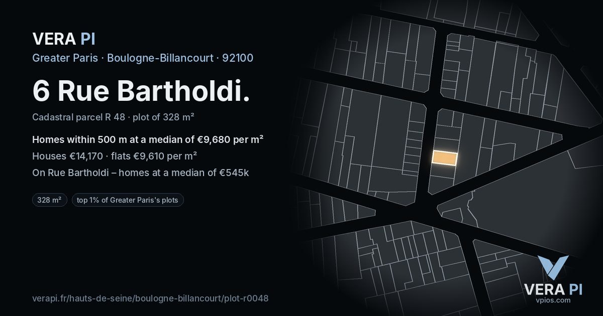 6 Rue Bartholdi, Boulogne-Billancourt at night – the plot lit, the parcels around coloured by the prices near them