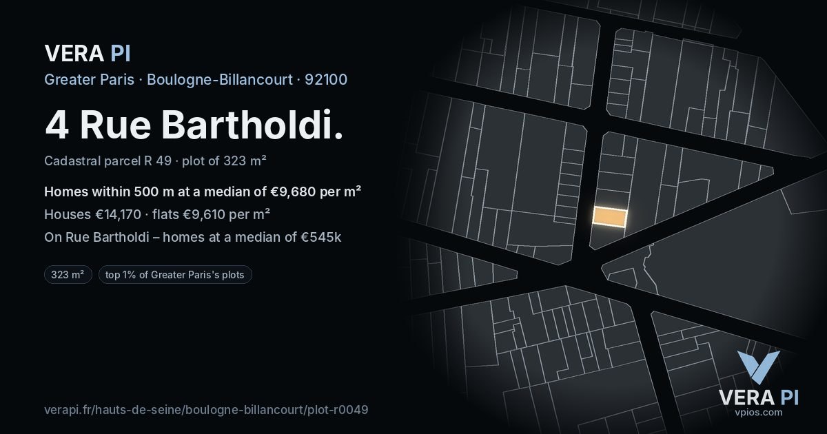 4 Rue Bartholdi, Boulogne-Billancourt at night – the plot lit, the parcels around coloured by the prices near them