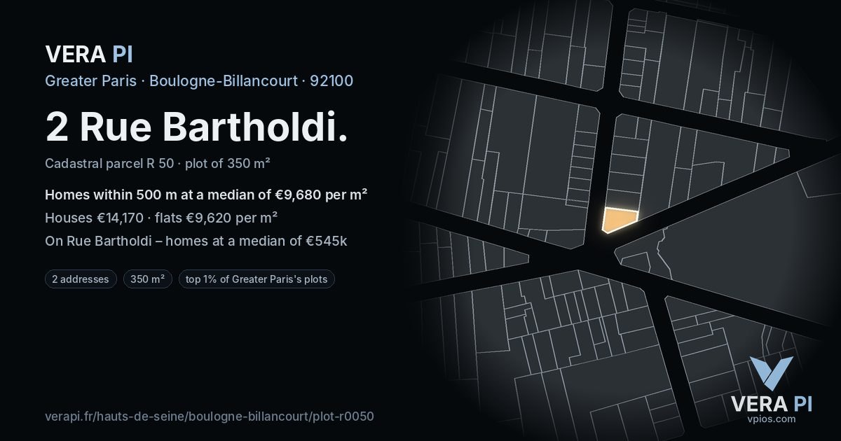 2 Rue Bartholdi, Boulogne-Billancourt at night – the plot lit, the parcels around coloured by the prices near them