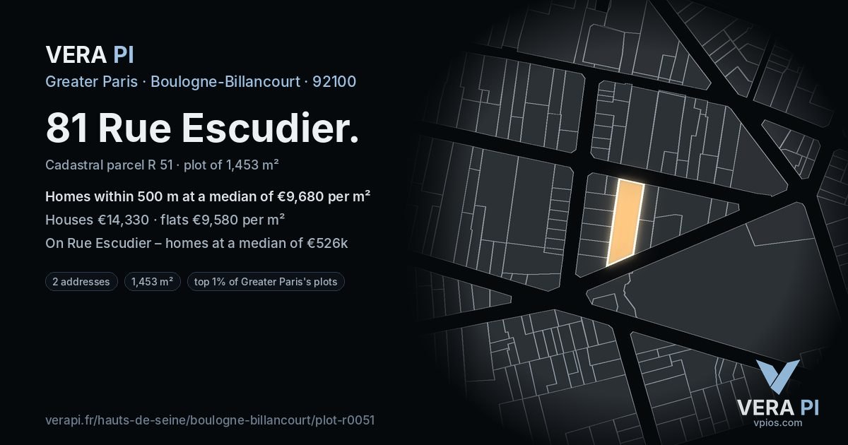 81 Rue Escudier, Boulogne-Billancourt at night – the plot lit, the parcels around coloured by the prices near them
