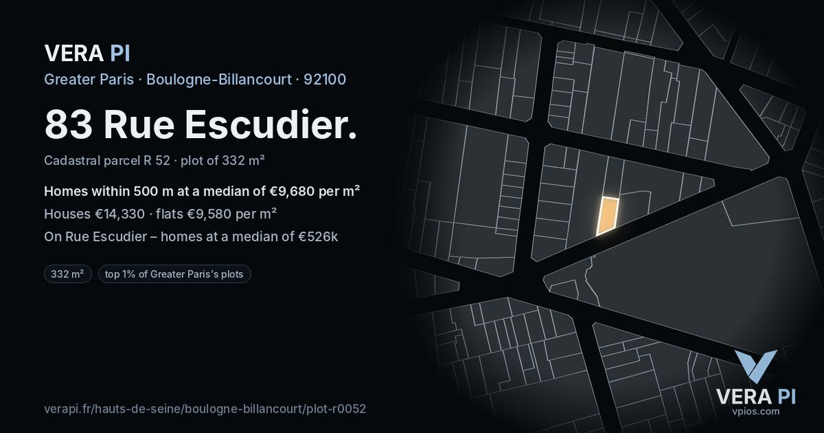 83 Rue Escudier, Boulogne-Billancourt at night – the plot lit, the parcels around coloured by the prices near them