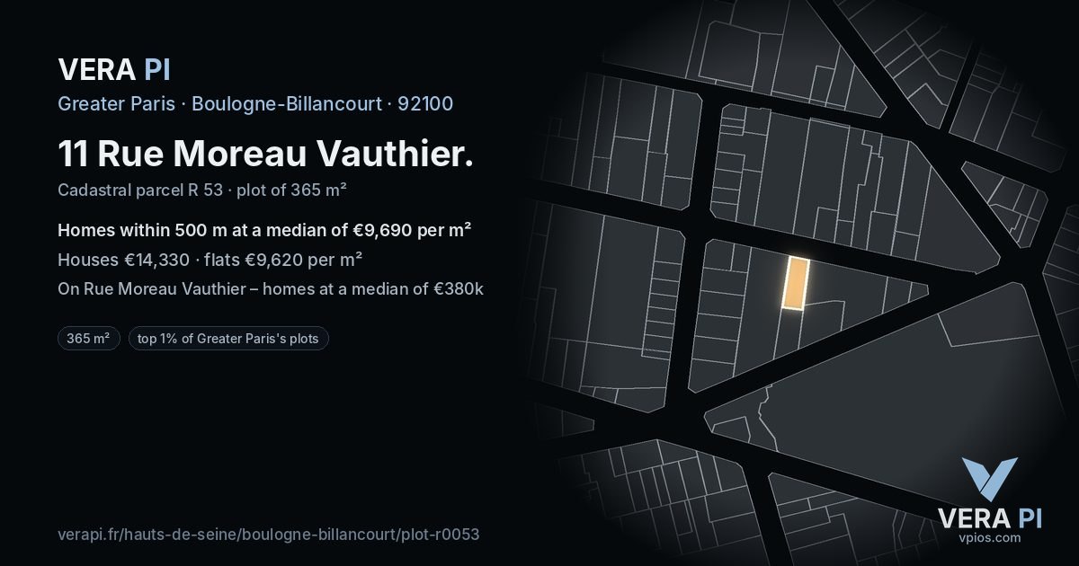 11 Rue Moreau Vauthier, Boulogne-Billancourt at night – the plot lit, the parcels around coloured by the prices near them