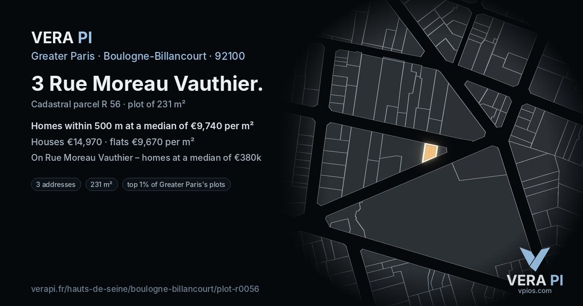 3 Rue Moreau Vauthier, Boulogne-Billancourt at night – the plot lit, the parcels around coloured by the prices near them