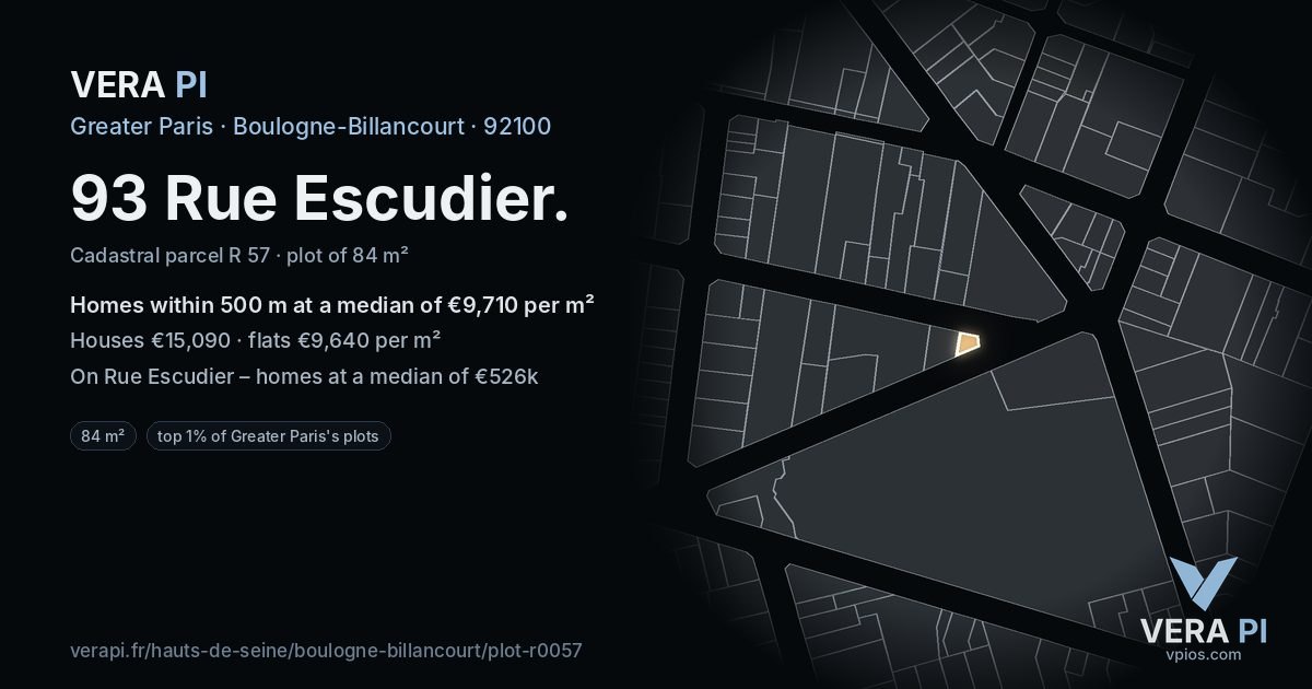 93 Rue Escudier, Boulogne-Billancourt at night – the plot lit, the parcels around coloured by the prices near them