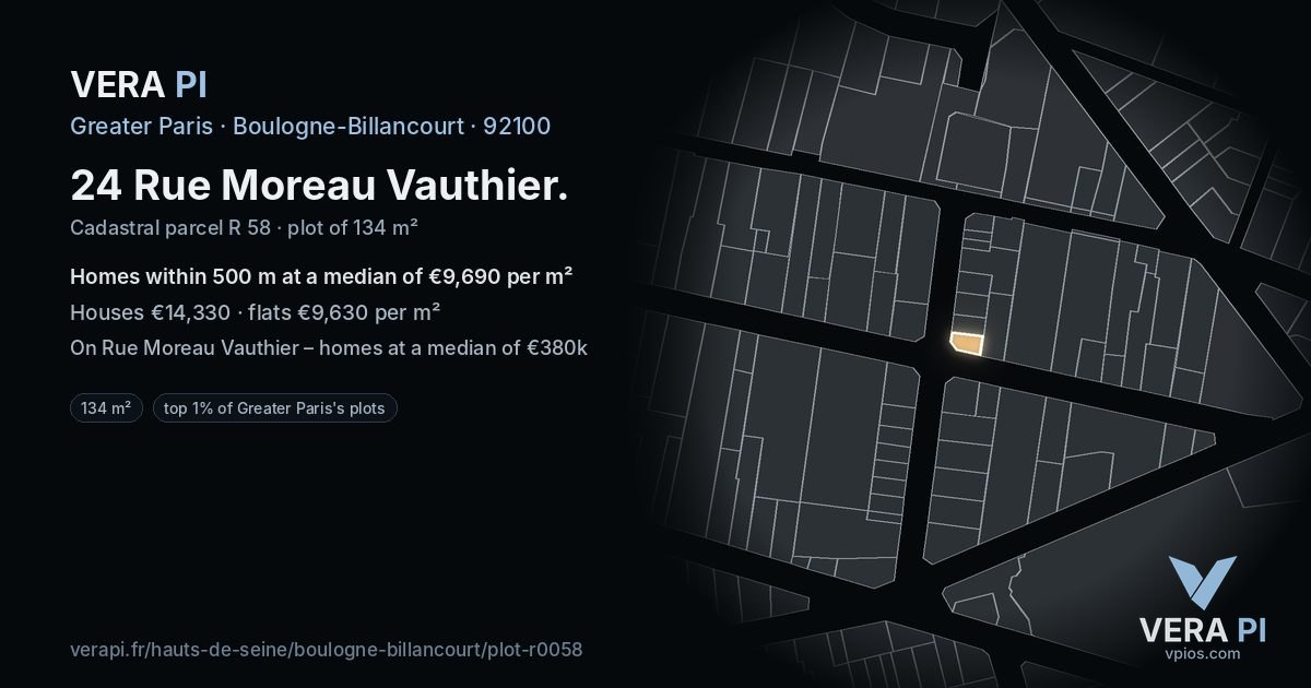 24 Rue Moreau Vauthier, Boulogne-Billancourt at night – the plot lit, the parcels around coloured by the prices near them