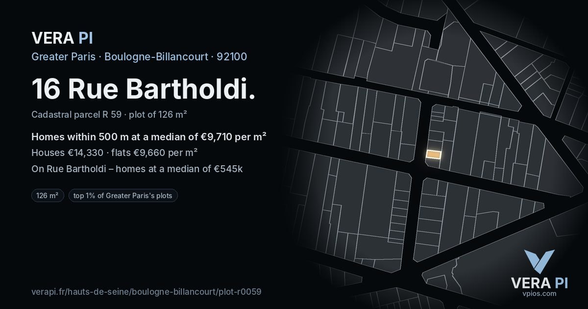 16 Rue Bartholdi, Boulogne-Billancourt at night – the plot lit, the parcels around coloured by the prices near them