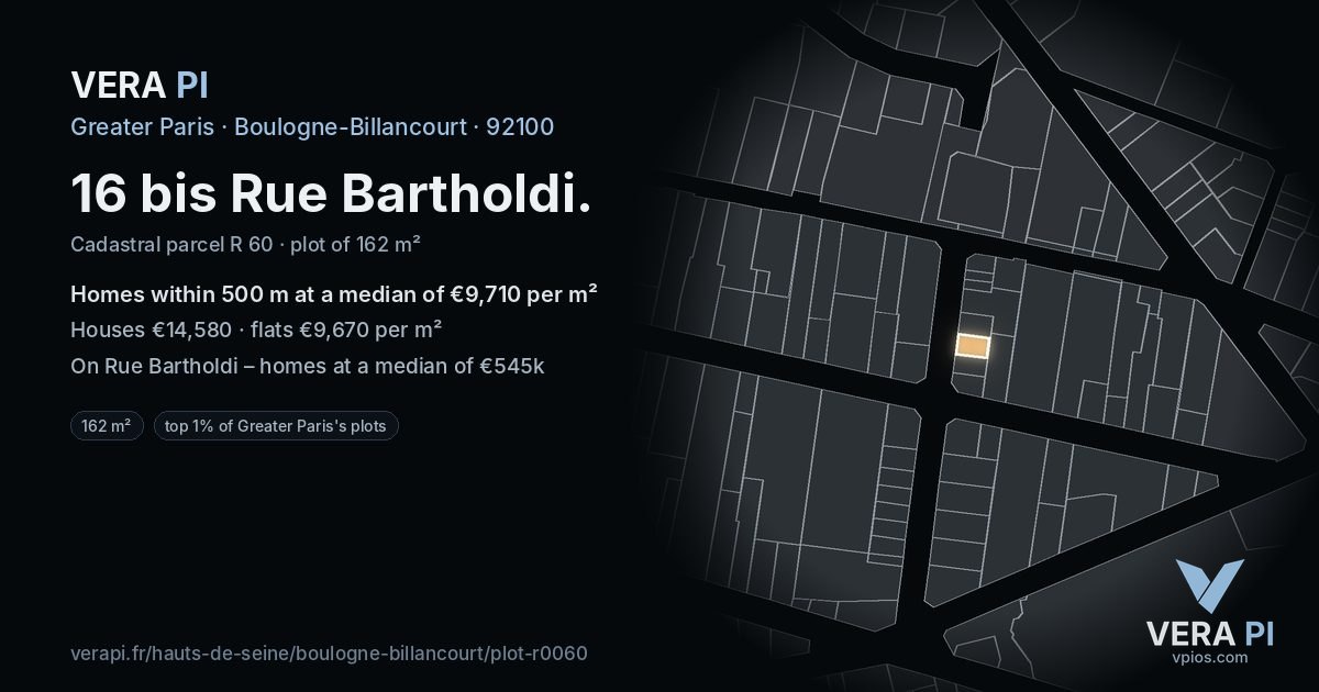 16 bis Rue Bartholdi, Boulogne-Billancourt at night – the plot lit, the parcels around coloured by the prices near them