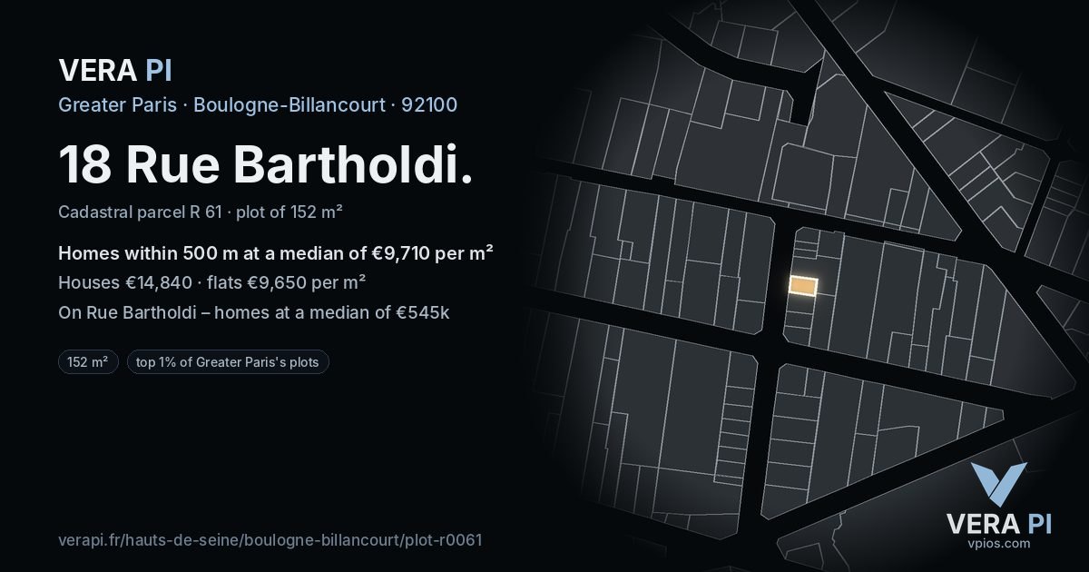 18 Rue Bartholdi, Boulogne-Billancourt at night – the plot lit, the parcels around coloured by the prices near them