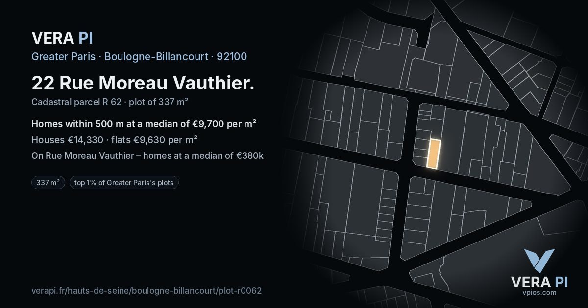 22 Rue Moreau Vauthier, Boulogne-Billancourt at night – the plot lit, the parcels around coloured by the prices near them