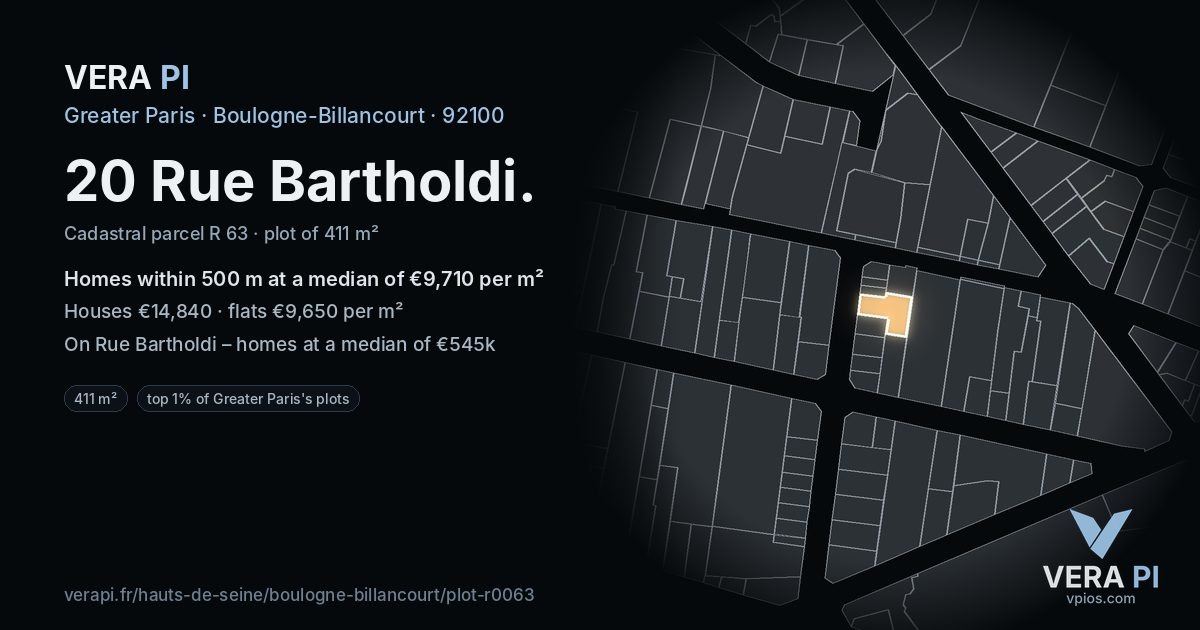 20 Rue Bartholdi, Boulogne-Billancourt at night – the plot lit, the parcels around coloured by the prices near them