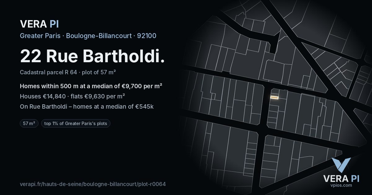 22 Rue Bartholdi, Boulogne-Billancourt at night – the plot lit, the parcels around coloured by the prices near them
