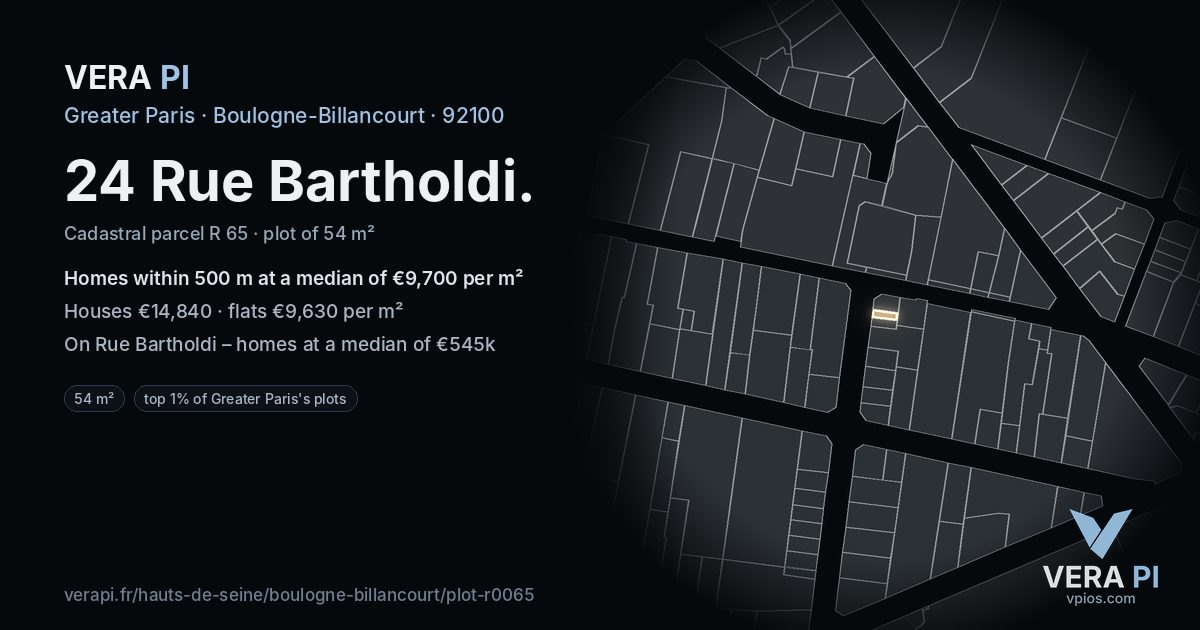 24 Rue Bartholdi, Boulogne-Billancourt at night – the plot lit, the parcels around coloured by the prices near them