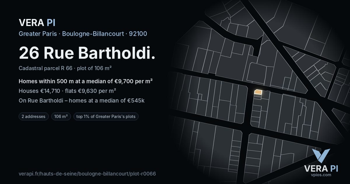 26 Rue Bartholdi, Boulogne-Billancourt at night – the plot lit, the parcels around coloured by the prices near them