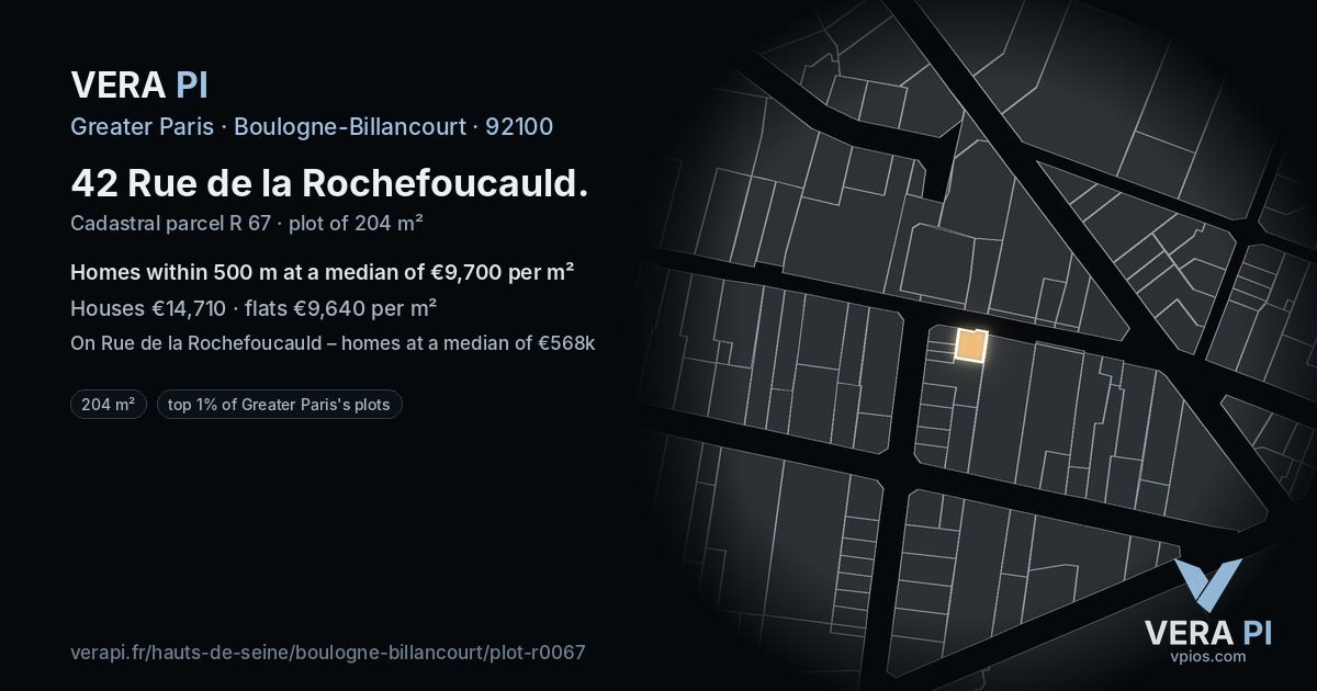 42 Rue de la Rochefoucauld, Boulogne-Billancourt at night – the plot lit, the parcels around coloured by the prices near them