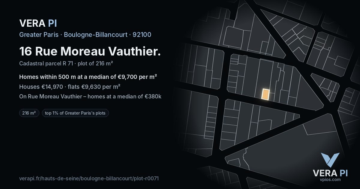 16 Rue Moreau Vauthier, Boulogne-Billancourt at night – the plot lit, the parcels around coloured by the prices near them