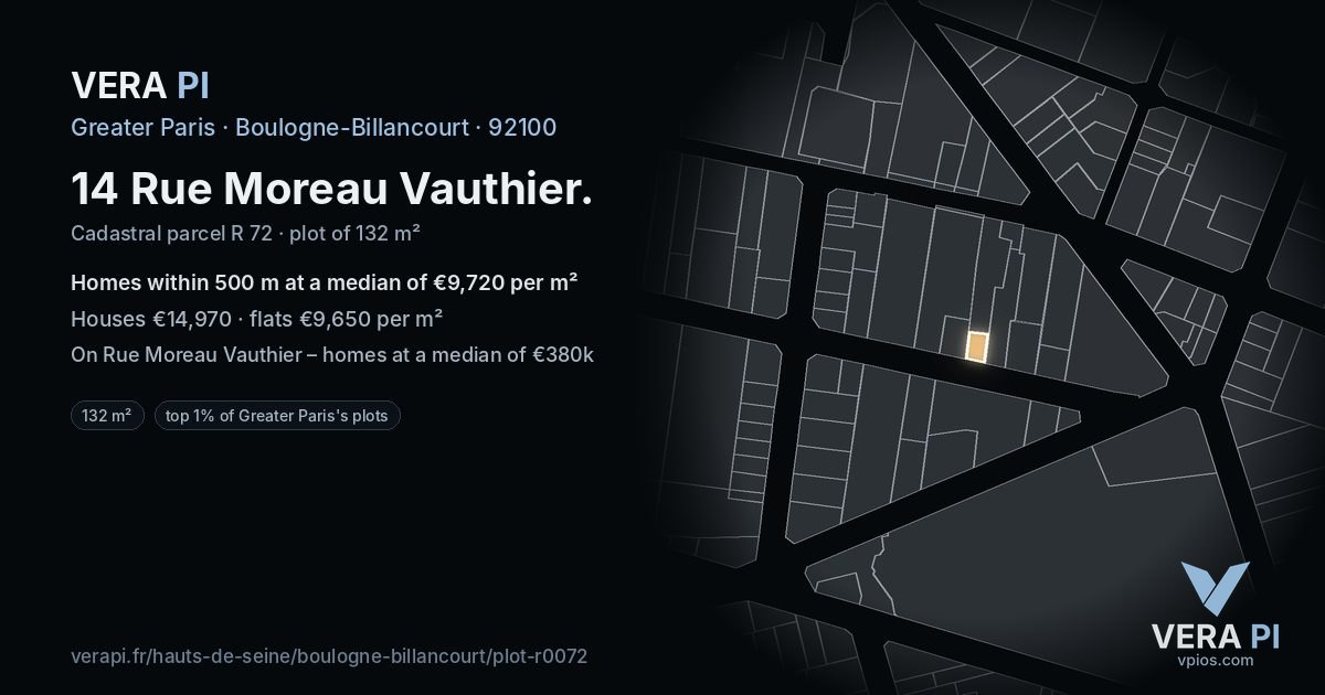 14 Rue Moreau Vauthier, Boulogne-Billancourt at night – the plot lit, the parcels around coloured by the prices near them
