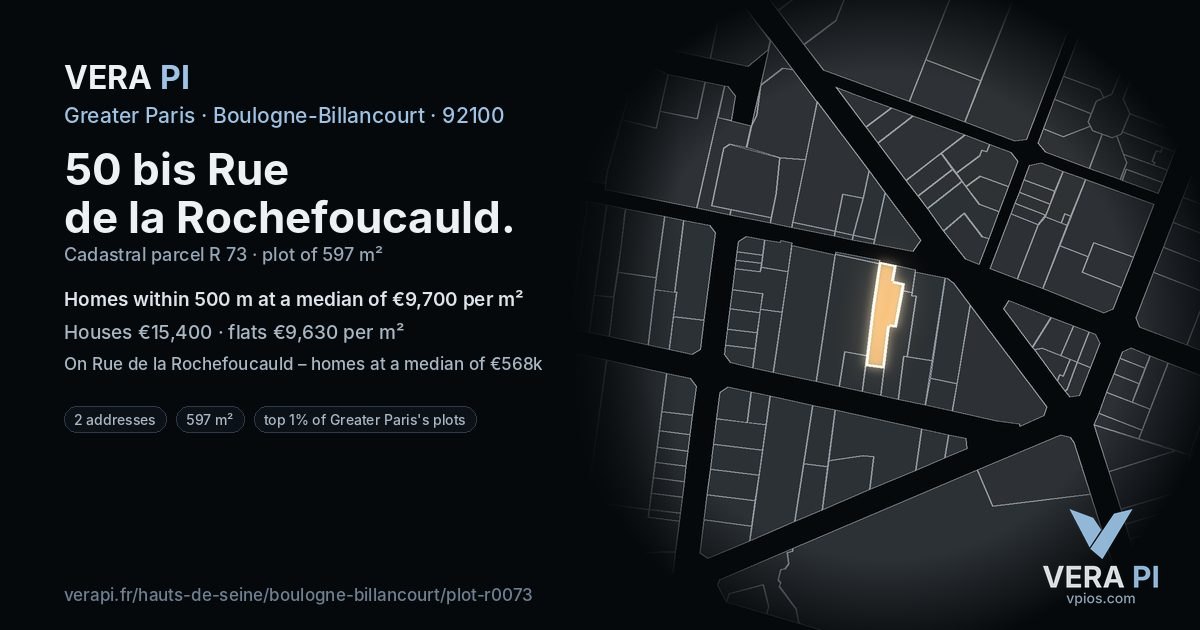 50 bis Rue de la Rochefoucauld, Boulogne-Billancourt at night – the plot lit, the parcels around coloured by the prices near them