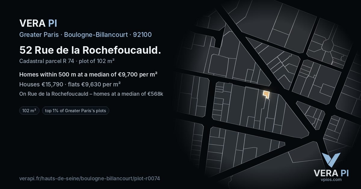 52 Rue de la Rochefoucauld, Boulogne-Billancourt at night – the plot lit, the parcels around coloured by the prices near them