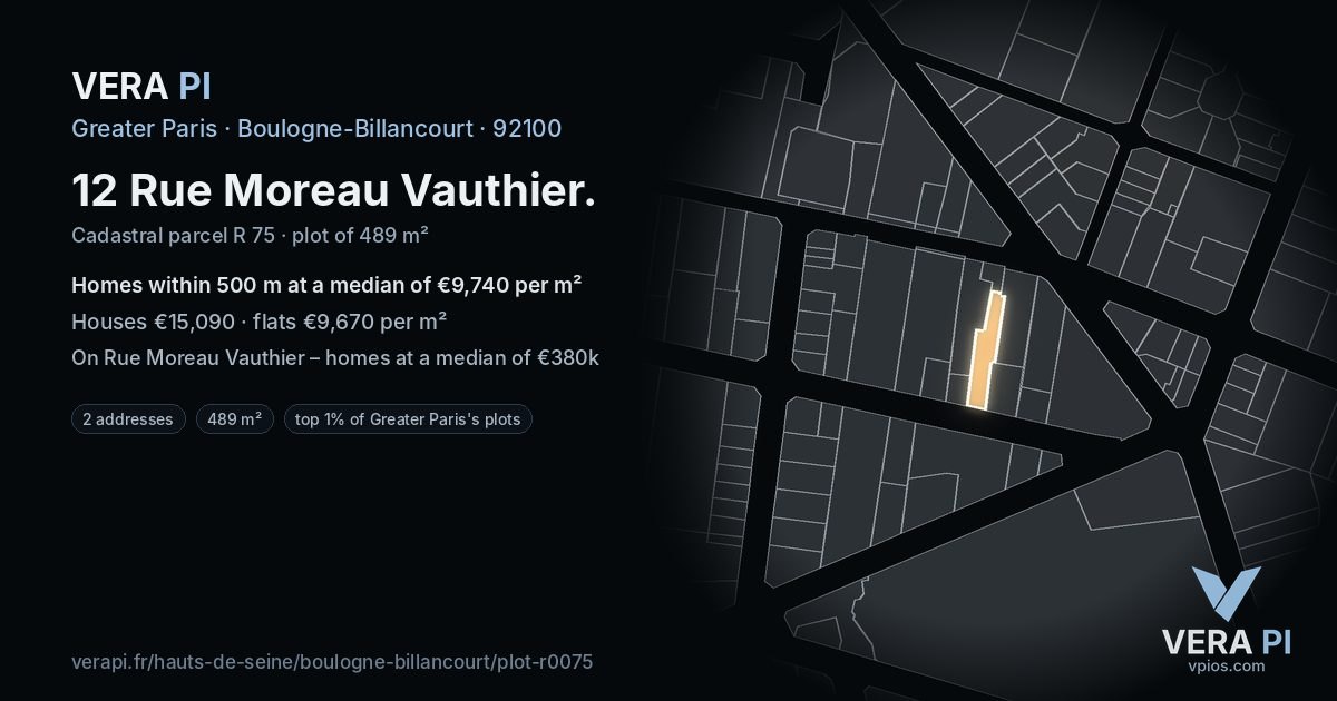 12 Rue Moreau Vauthier, Boulogne-Billancourt at night – the plot lit, the parcels around coloured by the prices near them
