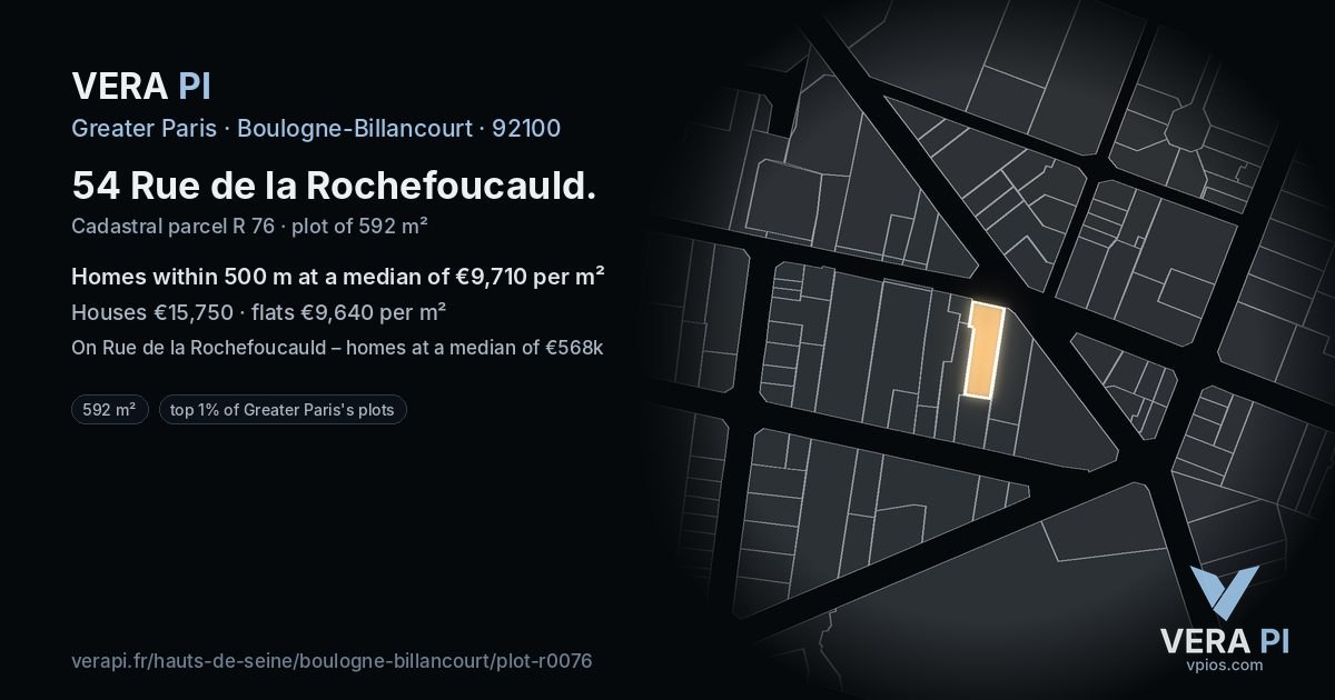 54 Rue de la Rochefoucauld, Boulogne-Billancourt at night – the plot lit, the parcels around coloured by the prices near them